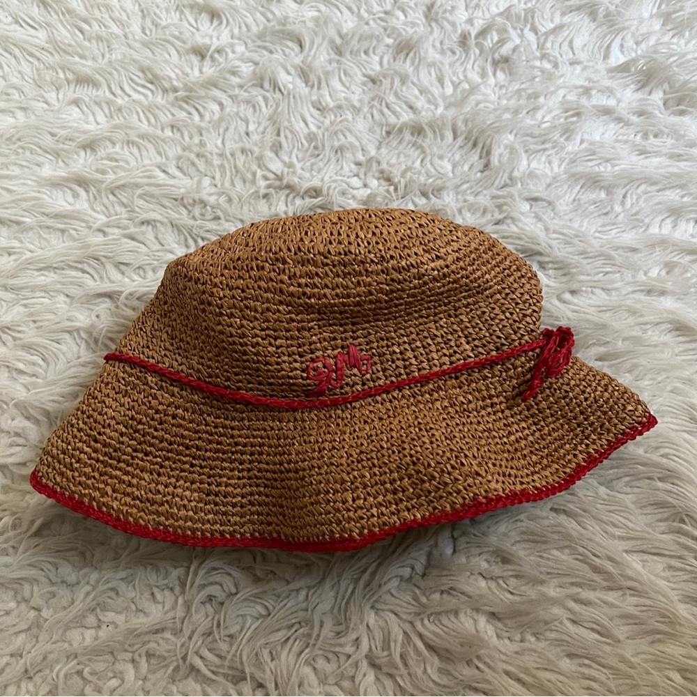 Damson Madder Roll Back Raffia Hat with Red Bow Detail